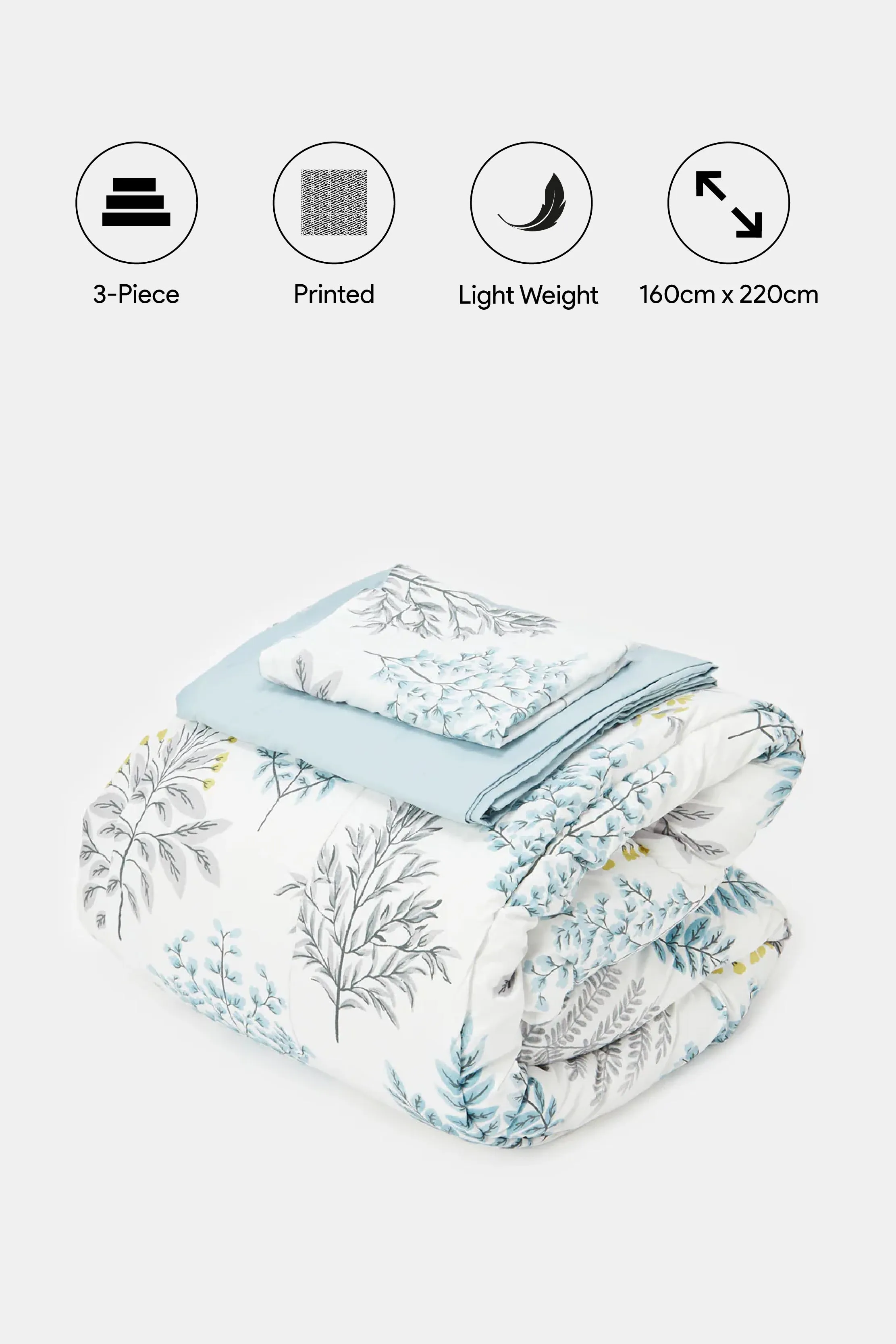 Teal 3 Piece Leaves Printed Comforter Set (Single Size)