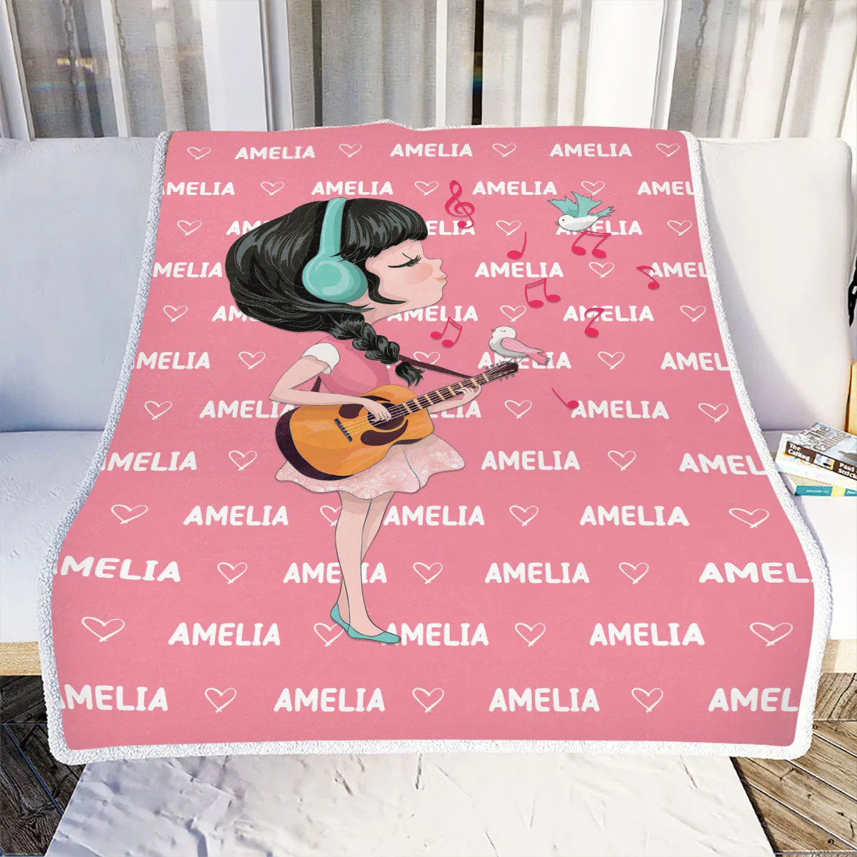 Teesdily | Personalized Name Little Girl Guitar Player Fleece Blanket Music Lover Throw Blanket For Baby Girl Daughter Nursery Birthday Gifts