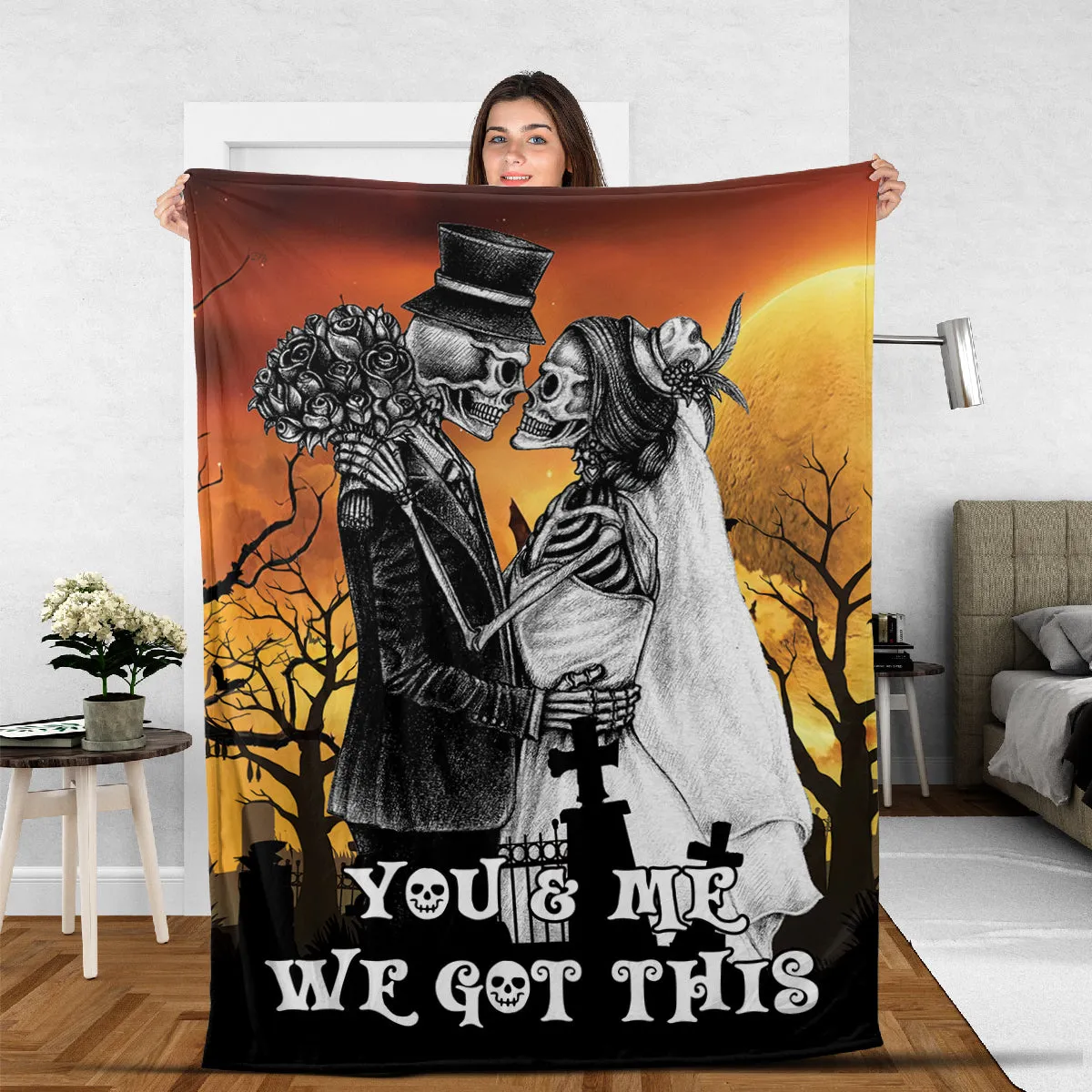 Teesdily | Skeleton Couple Fleece Throw Blanket You And Me We Got This Sherpa Blanket Halloween Gift For Couple Goth Lovers Halloween Gothic Gifts