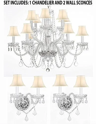 Three Piece Lighting Set - Crystal Chandelier H27" X W32" And 2 Wall Sconces With White Shades - 1Ea Whtshd/385/6 6  2Ea Whtshd/B12/2/386