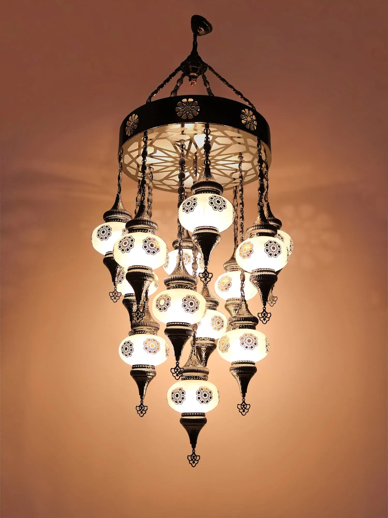 Turkish Chandelier 13-Globe Glass SeljukPattern Laser Cut