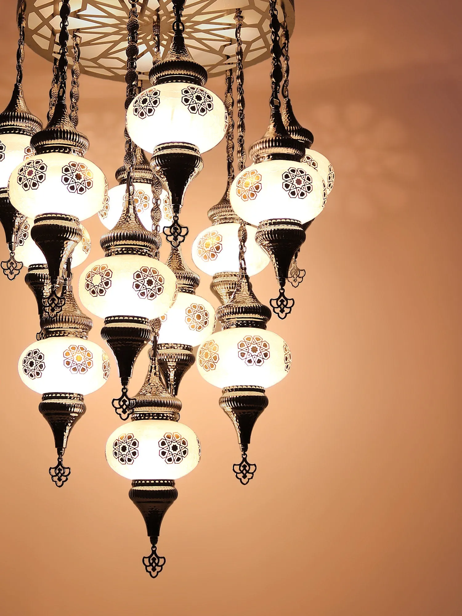 Turkish Chandelier 13-Globe Glass SeljukPattern Laser Cut