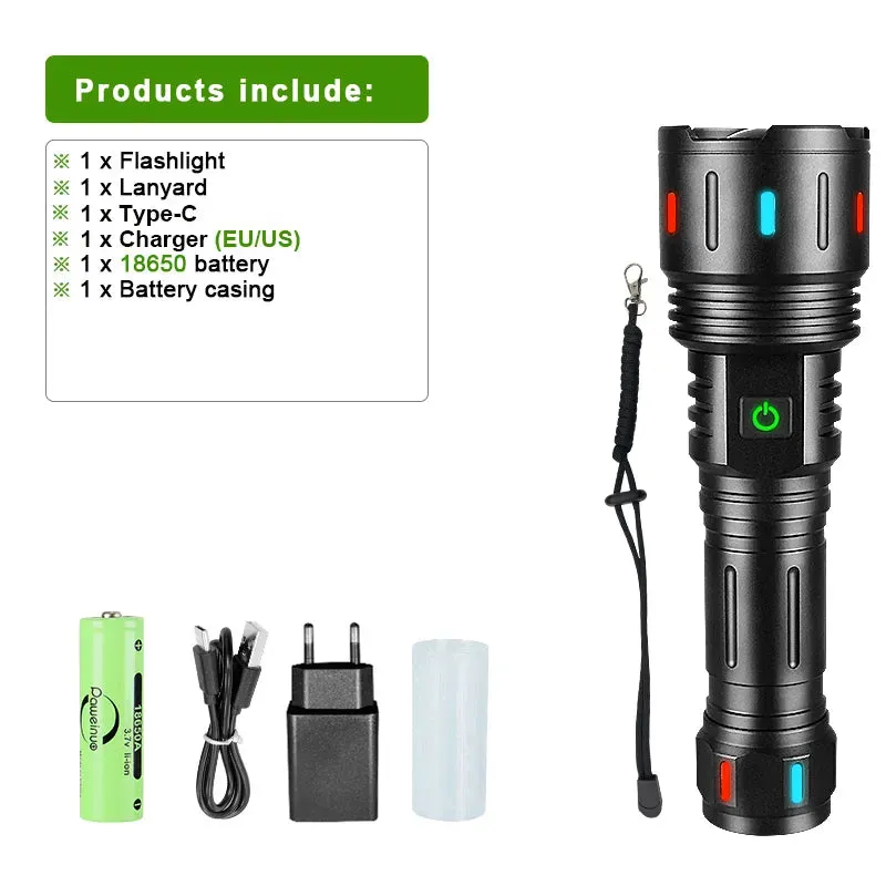 Ultra Powerful Led Flashlight 18650 Tactical Torch Type C Rechargeable Flash Lights XHP360 Camping Lantern Waterproof Hand Lamp