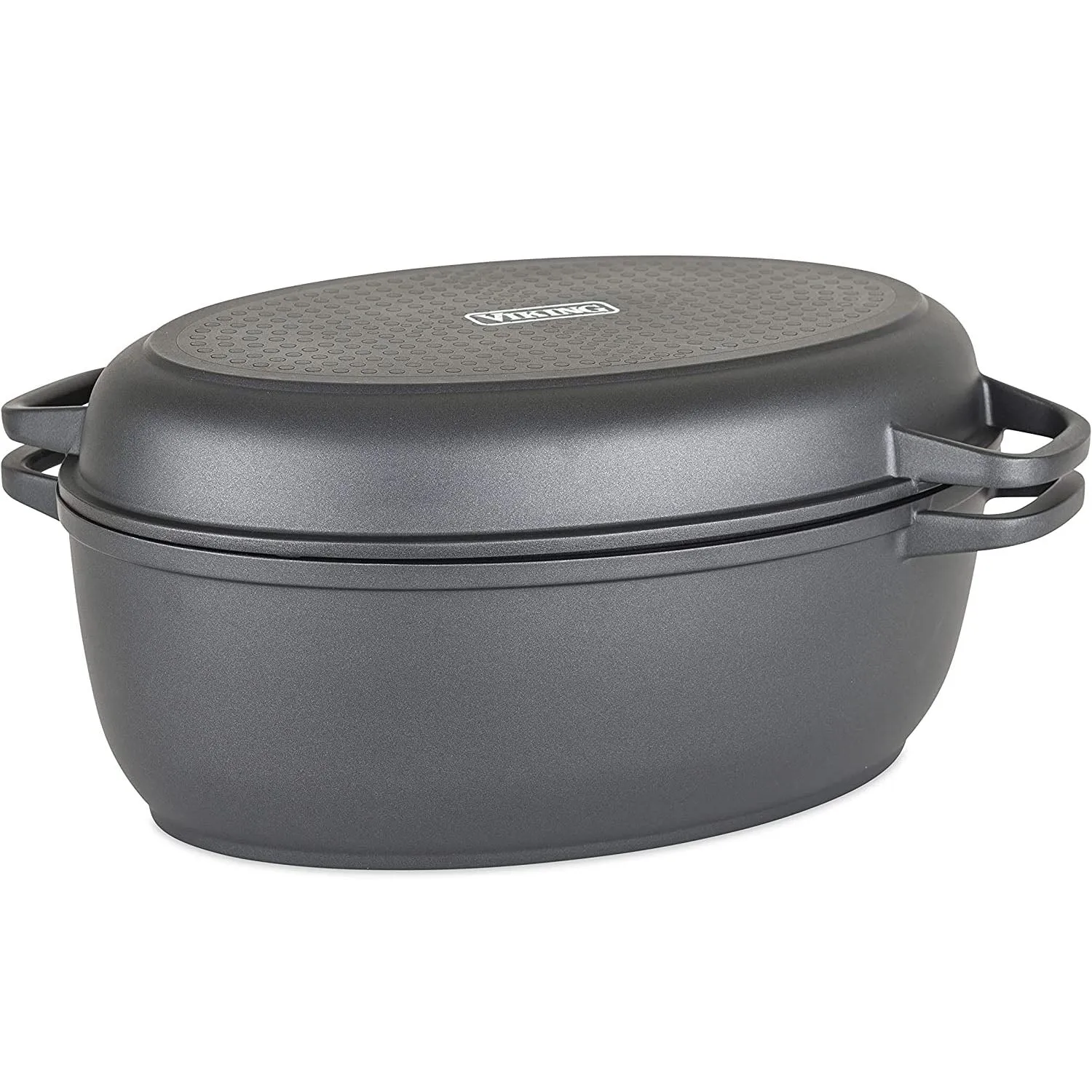 Viking Culinary 3-in-1 8.6 Qt Die Cast Oval Roaster with Glass Basting Lid, Gray