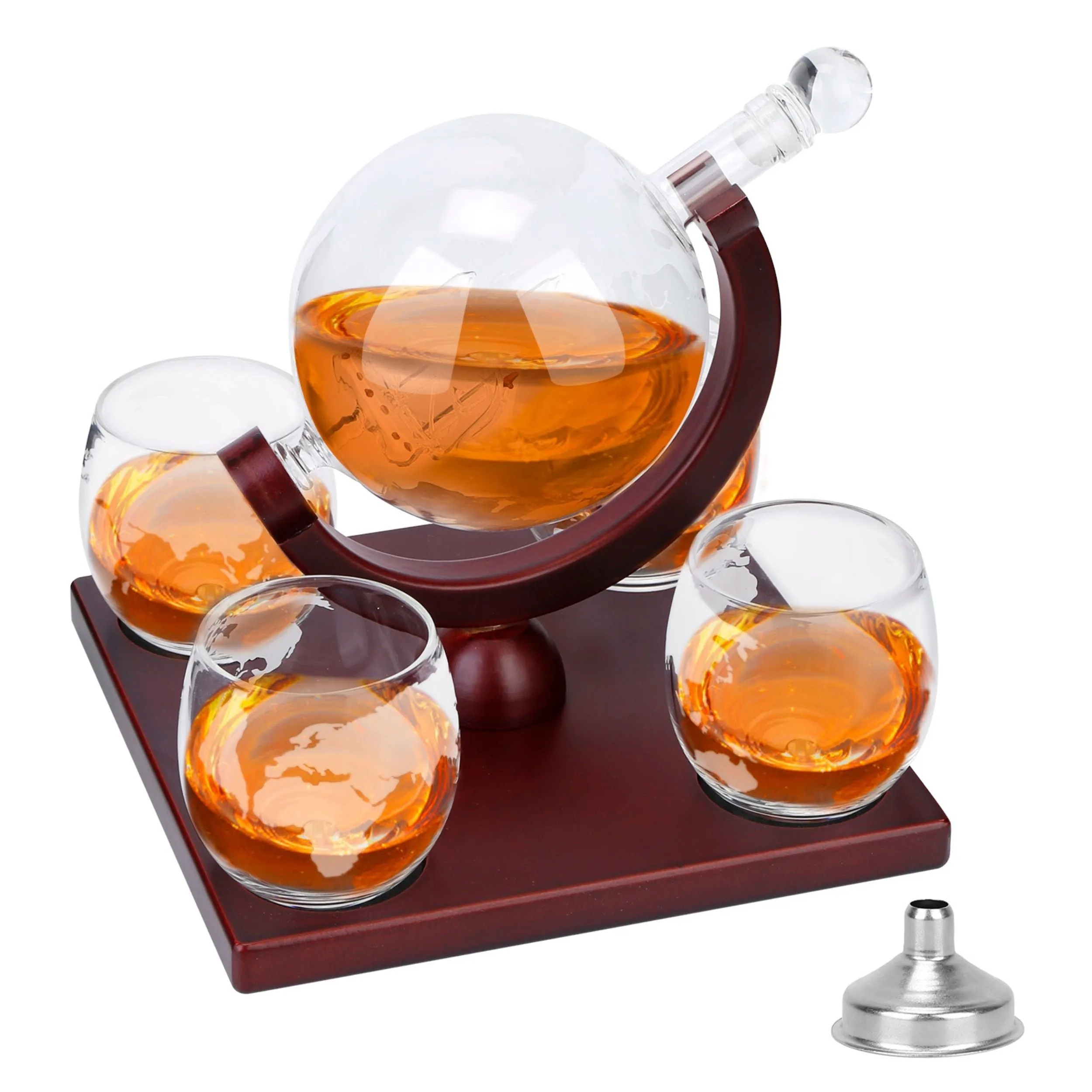 Whiskey Decanter Globe Set w/ 4 Glasses, Tray - Perfect Gift for Liquor, Scotch, Bourbon, Vodka - 8.45OZ