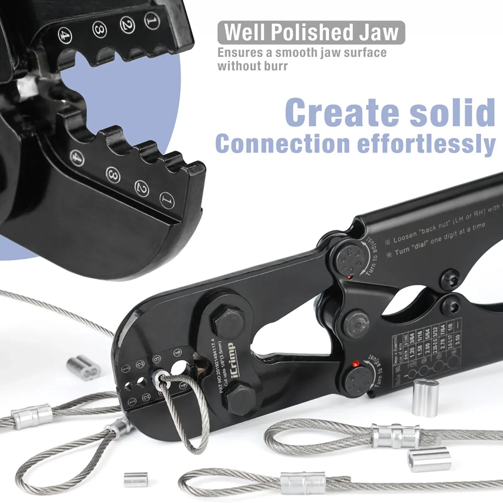 Wire Rope Crimping Tool for 3/64” to 1/8” Aluminum & Copper Duplex Sleeves, Ferrule and Stop with Built-in Cable Cutter