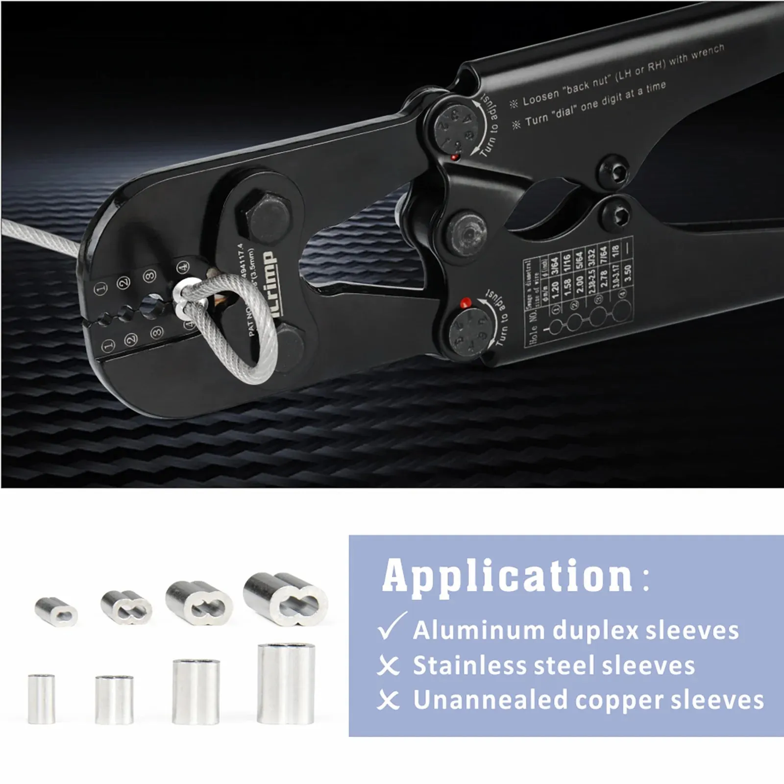 Wire Rope Crimping Tool for 3/64” to 1/8” Aluminum & Copper Duplex Sleeves, Ferrule and Stop with Built-in Cable Cutter