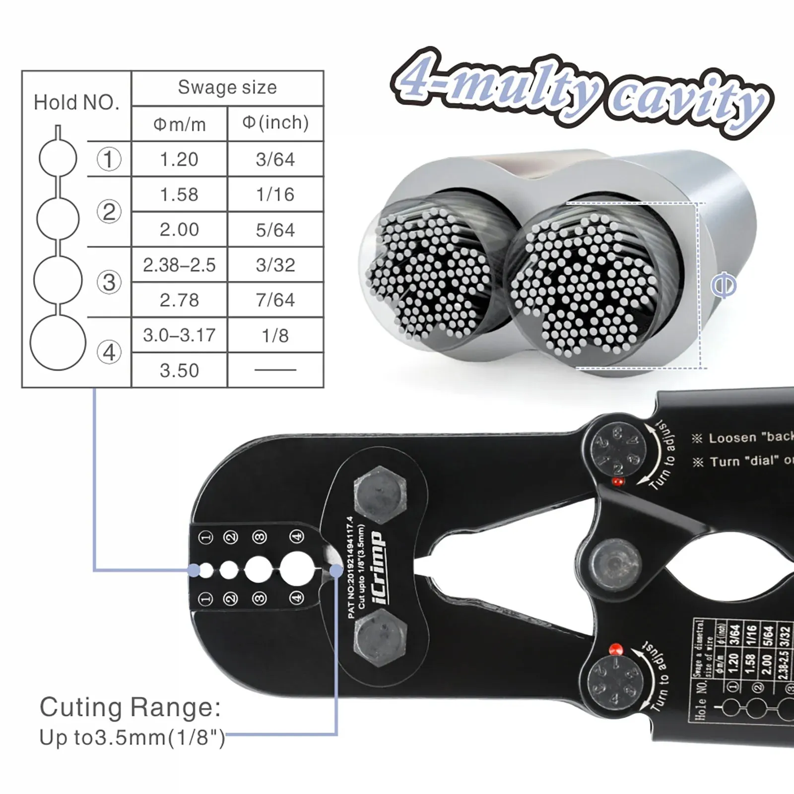 Wire Rope Crimping Tool for 3/64” to 1/8” Aluminum & Copper Duplex Sleeves, Ferrule and Stop with Built-in Cable Cutter