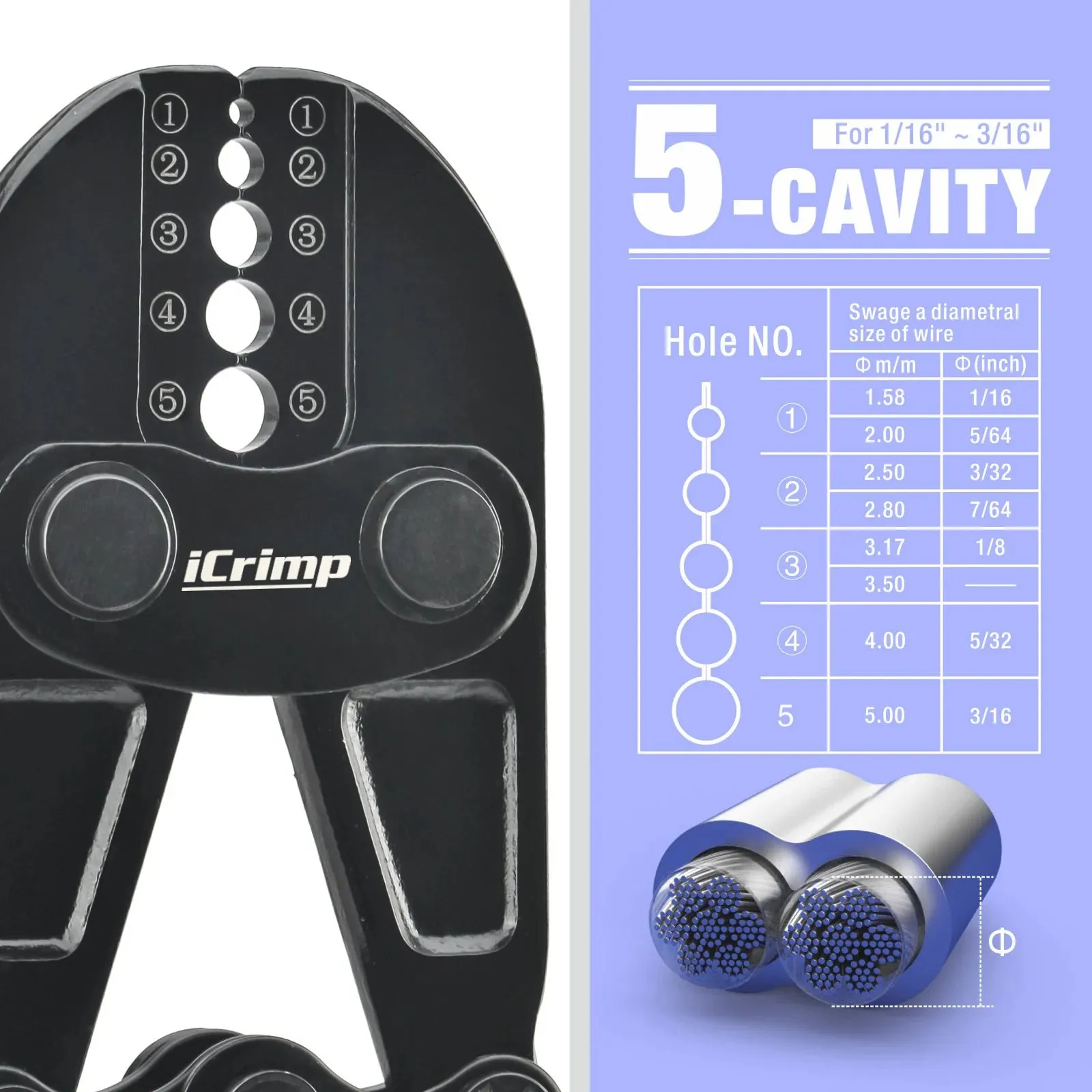 Wire Rope Crimping Tool for 3/64” to 1/8” Aluminum & Copper Duplex Sleeves, Ferrule and Stop with Built-in Cable Cutter