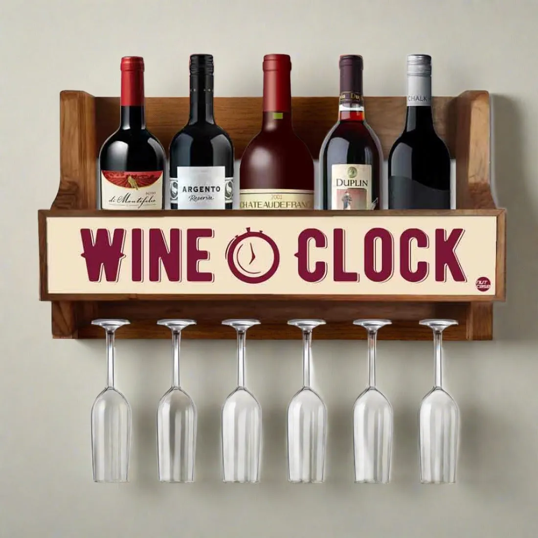 Wooden Wall Mounted Wine Rack Mini Bar for 5 Bottles 6 Glasses - Clock