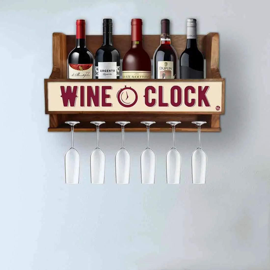 Wooden Wall Mounted Wine Rack Mini Bar for 5 Bottles 6 Glasses - Clock