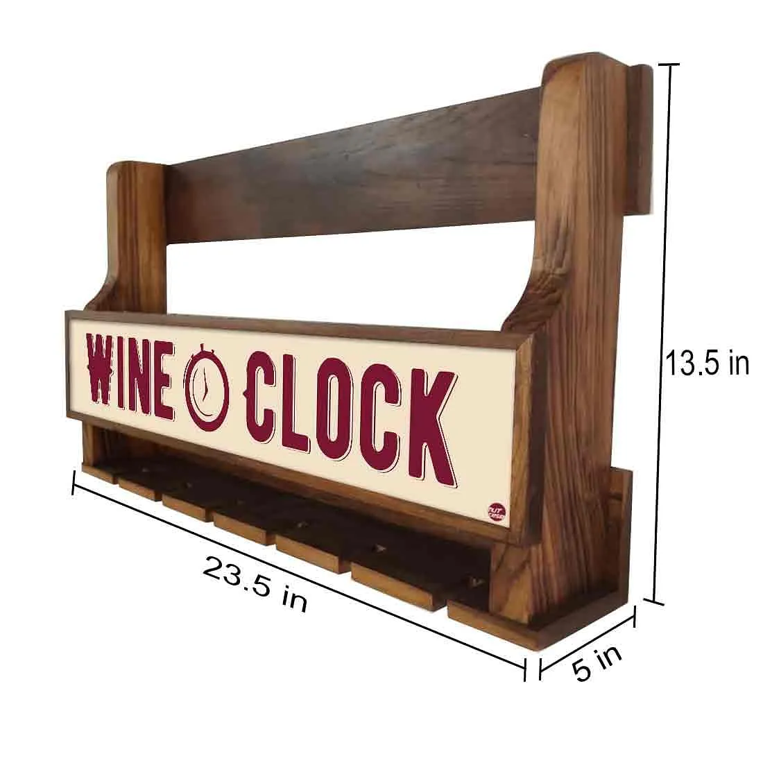 Wooden Wall Mounted Wine Rack Mini Bar for 5 Bottles 6 Glasses - Clock