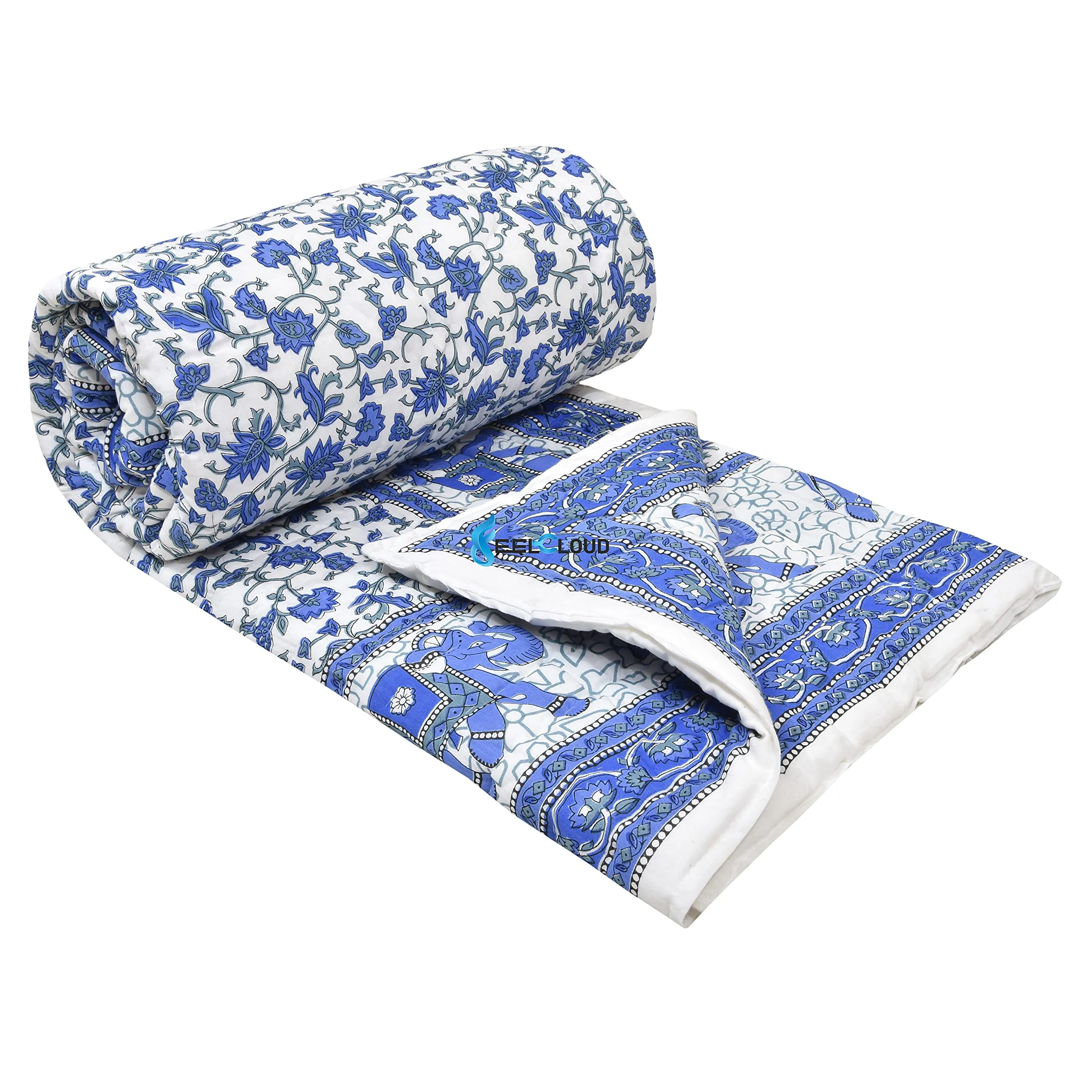 WOODSY Jaipuri Razai Organic Pure Cotton Jaipuri rajai Ac Quilt for All Season Reversible Soft Light Weight Rajasthani Cotton Quilt Summer and Winter (Blue Elephant Pack of 1 Single Bed 60 X 90 Inch)