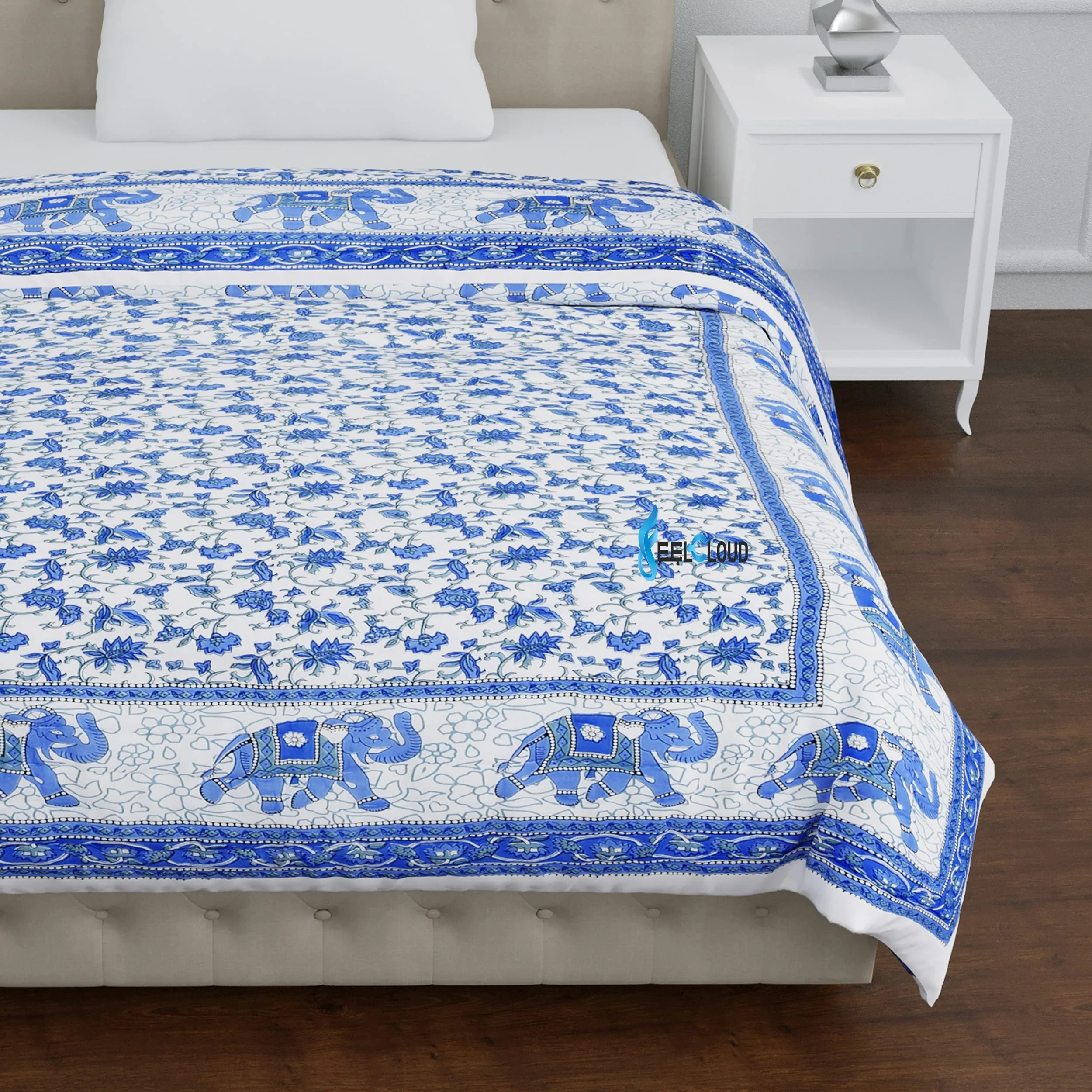 WOODSY Jaipuri Razai Organic Pure Cotton Jaipuri rajai Ac Quilt for All Season Reversible Soft Light Weight Rajasthani Cotton Quilt Summer and Winter (Blue Elephant Pack of 1 Single Bed 60 X 90 Inch)