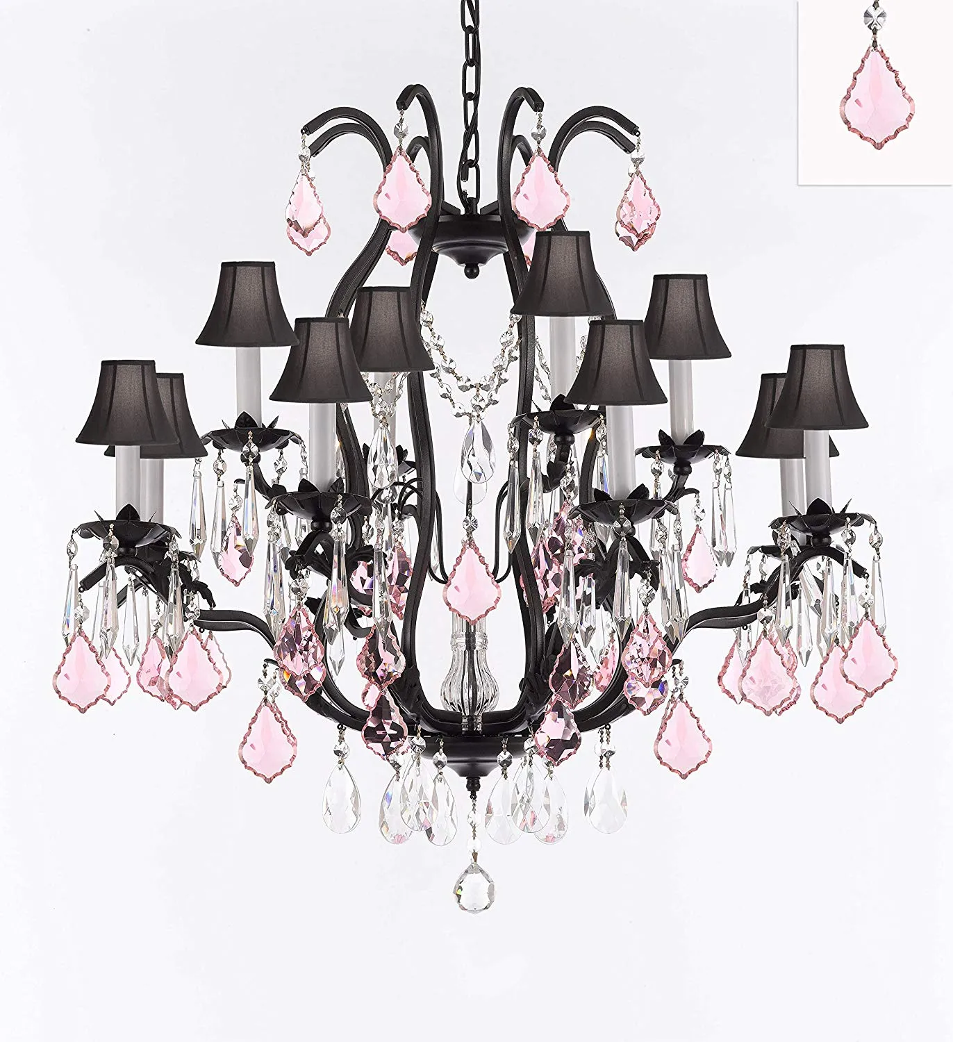 Wrought Iron Crystal Chandelier Lighting Chandeliers H30" x W28" Dressed with Swarovski Crystals & with Pink Crystals and Black Shades! Great for Bedroom, Kitchen, Dining Room, Living Room, and more! - F83-B110/BLACKSHADES/3034/8 4SW