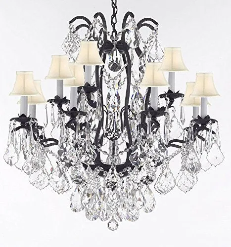 Wrought Iron Crystal Chandelier Lighting Dressed With Diamond Cut Crystal Good For Dining Room Foyer Entryway Family Room Bedroom Living Room And More H 36" W 36" 15 Lights - A83-B91/Whiteshades/3034/10 5Dc