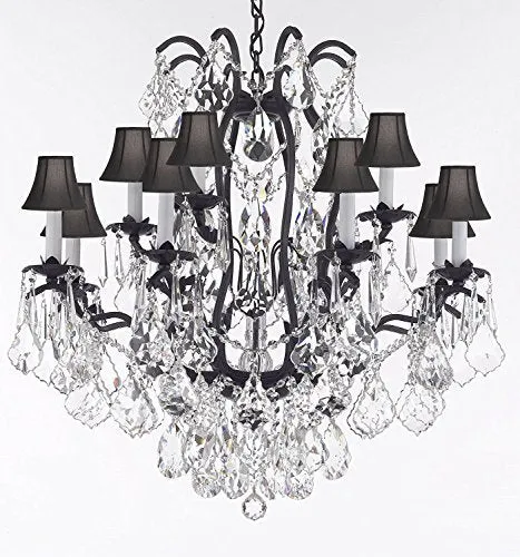 Wrought Iron Crystal Chandelier Lighting Trimmed with Swarovski Crystal! Good for Dining Room, Foyer, Entryway, Family Room, Bedroom, Living Room and More! H 36" W 36" 15 Lights - A83-B91/BLACKSHADES/3034/10 5SW