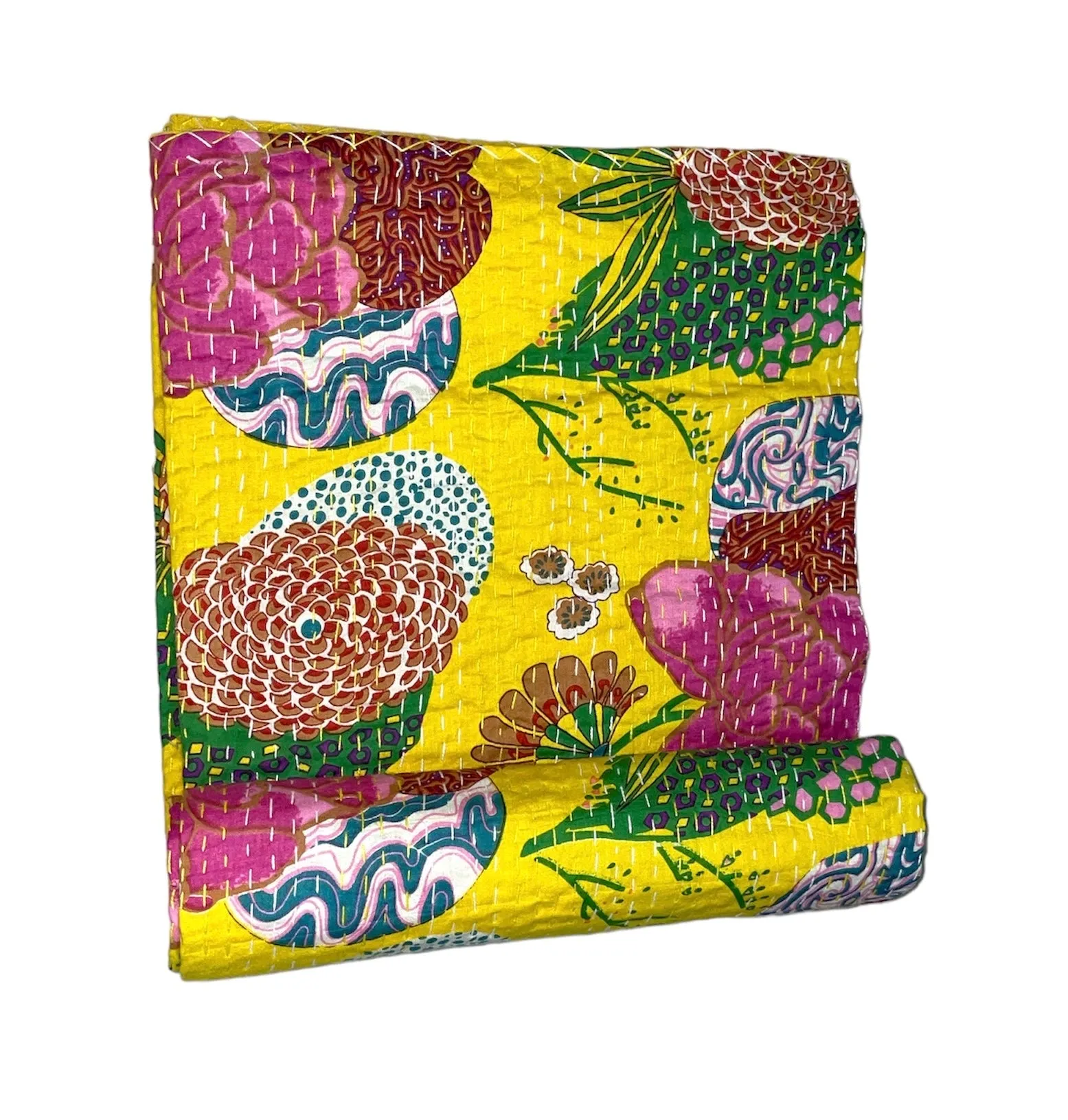 Yellow Tropical - Kantha Quilt, Kantha Bedcover, Coverlets, Kantha Throw