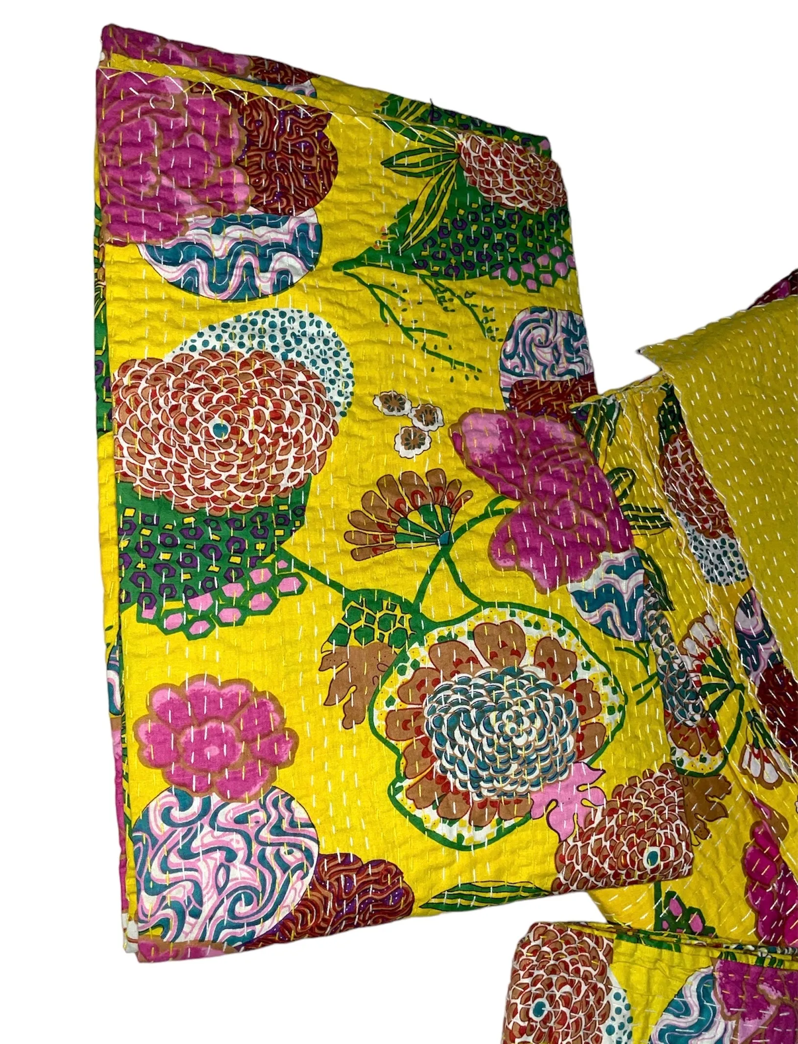 Yellow Tropical - Kantha Quilt, Kantha Bedcover, Coverlets, Kantha Throw